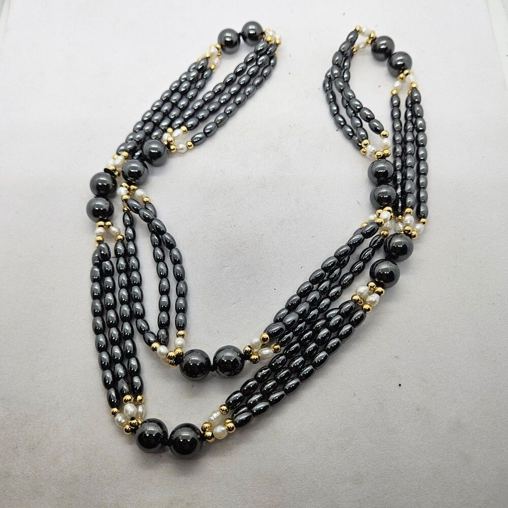 28" Multistrand Hematite, Pearl and Goldtone Bead Necklace